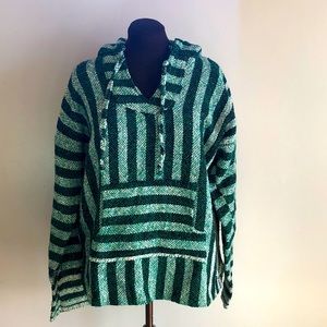 Green white woven hooded Mexican poncho pullover